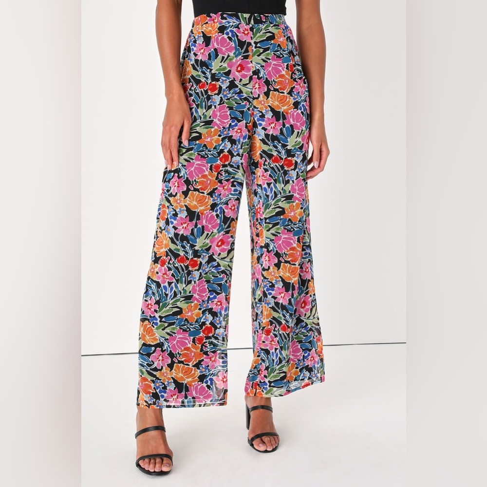 NWT - Lulus - Flourishing Beauty Black Floral Print Wide-Leg Pants